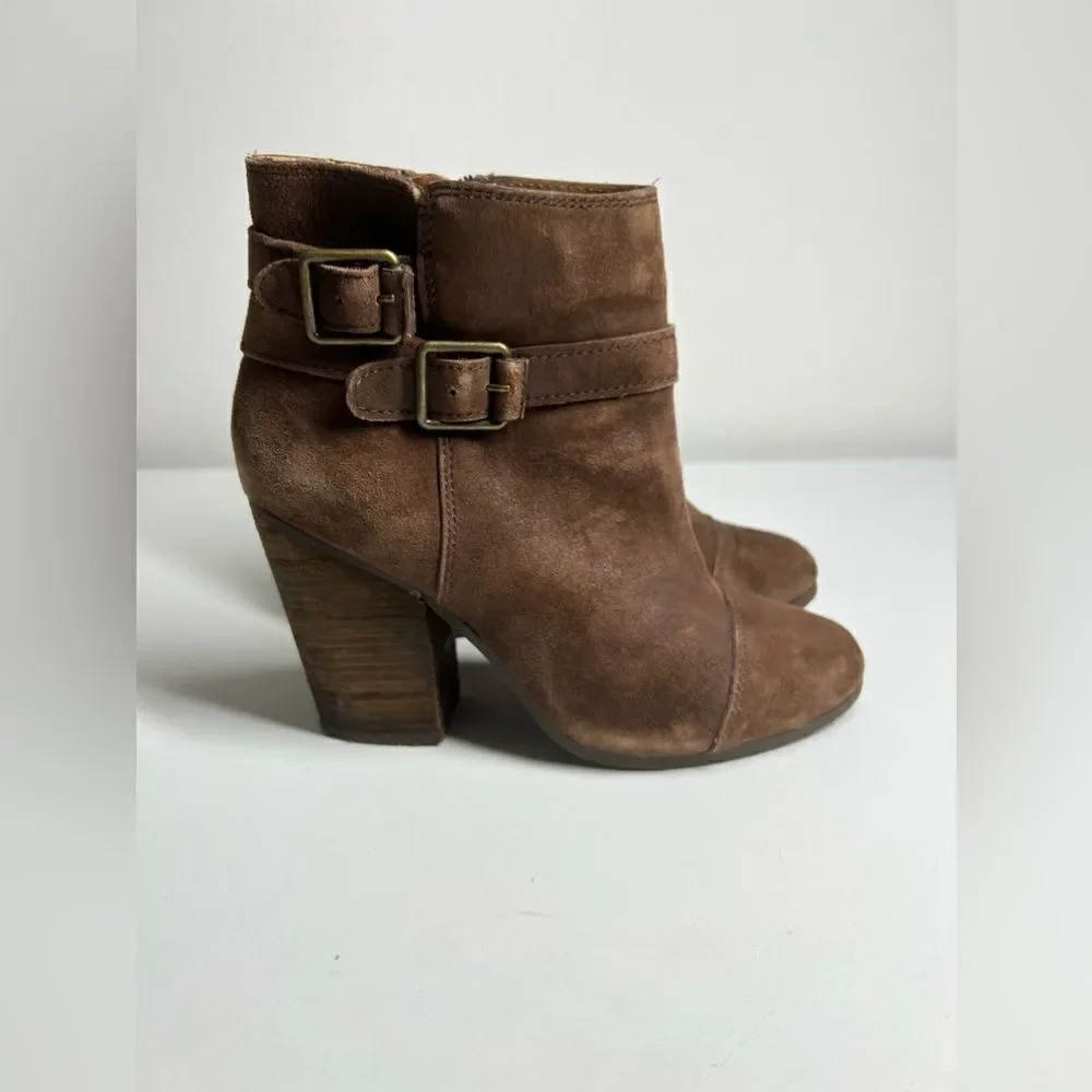 Lucky Brand Womens Lauren Ankle Boots Brown Suede Block Heels Zip Buckle  Sz8M